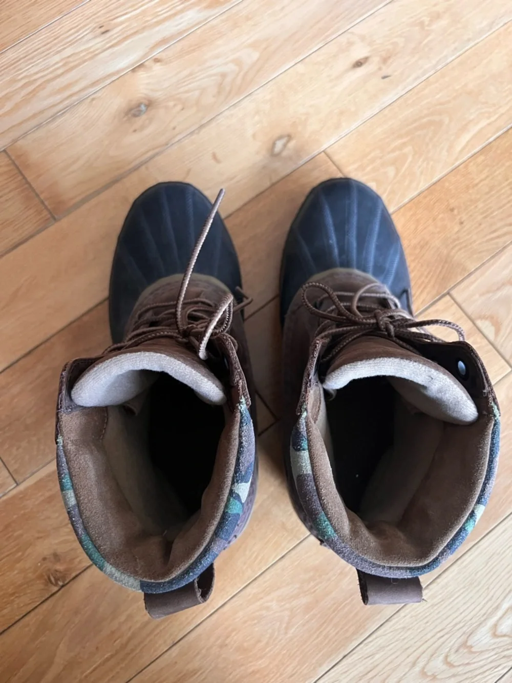 Sorel x J. Crew Cheyanne II Boots Camo Brown Leather Duck Boots Mens Size 10
